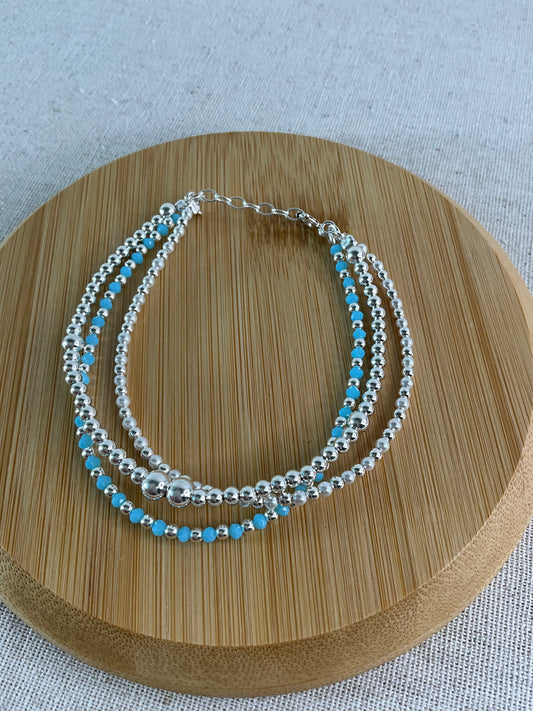 Pulseira Tripla Bolinhas Prata, Azuis e Pérolas